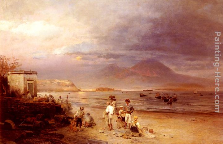 Fishermen with the Bay of Naples and Vesuvius beyond painting - Oswald Achenbach Fishermen with the Bay of Naples and Vesuvius beyond art painting